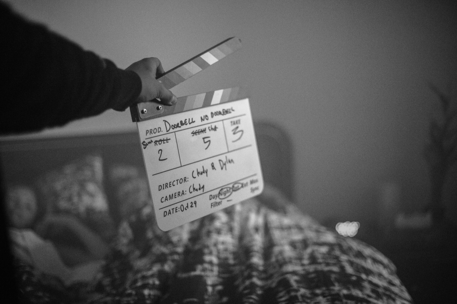 Clapperboard on the set of a 1PXL short film